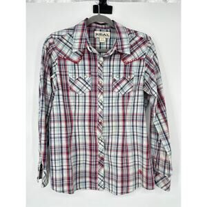 Ariat Shirt Womens Medium Plaid Western Pearl Snap Cowgirl Rodeo Embroidered